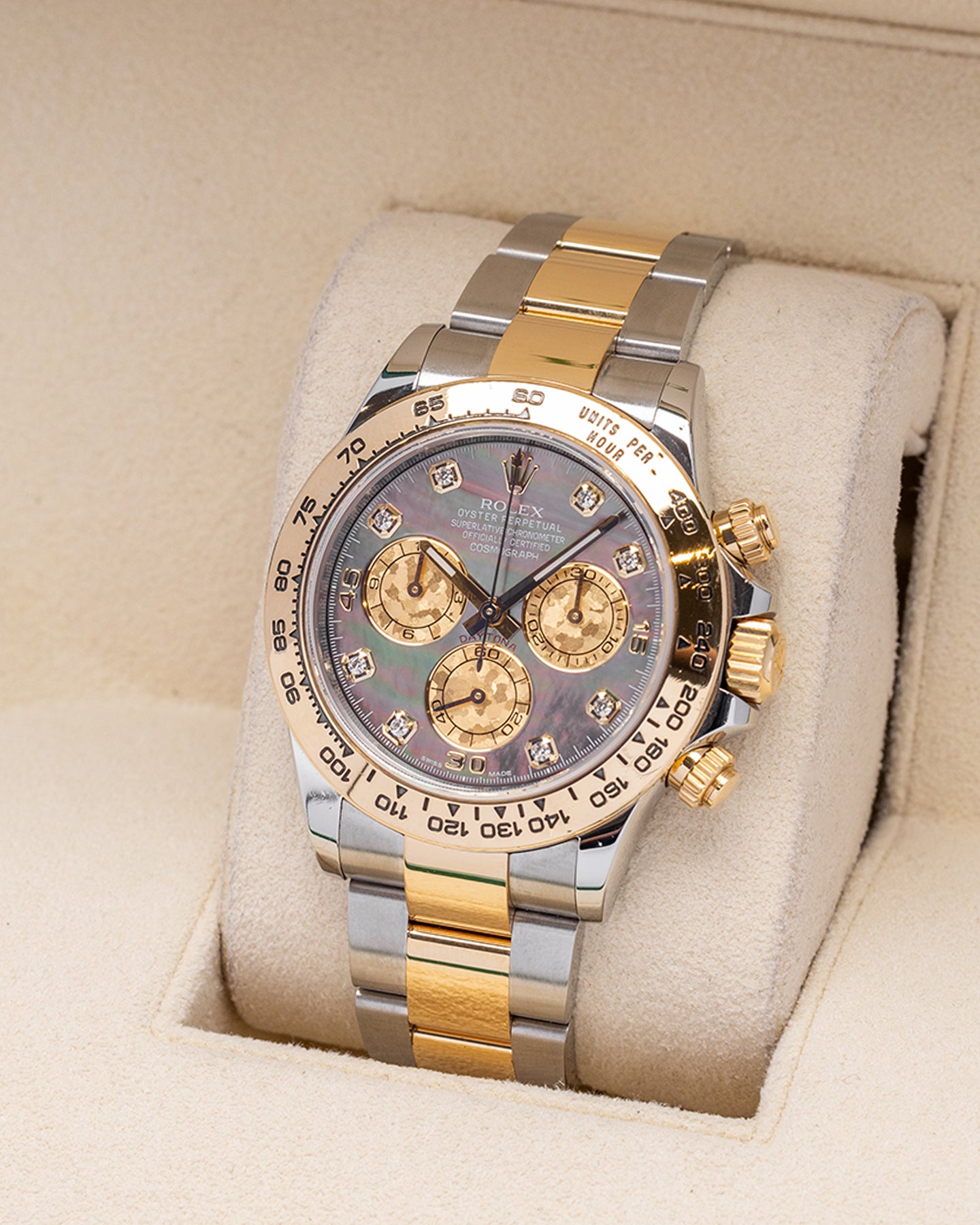 Two Tone Yellow Gold Rolex Daytona 116503 MOP Dial Watch at Marc Samuels Jewlers Dallas