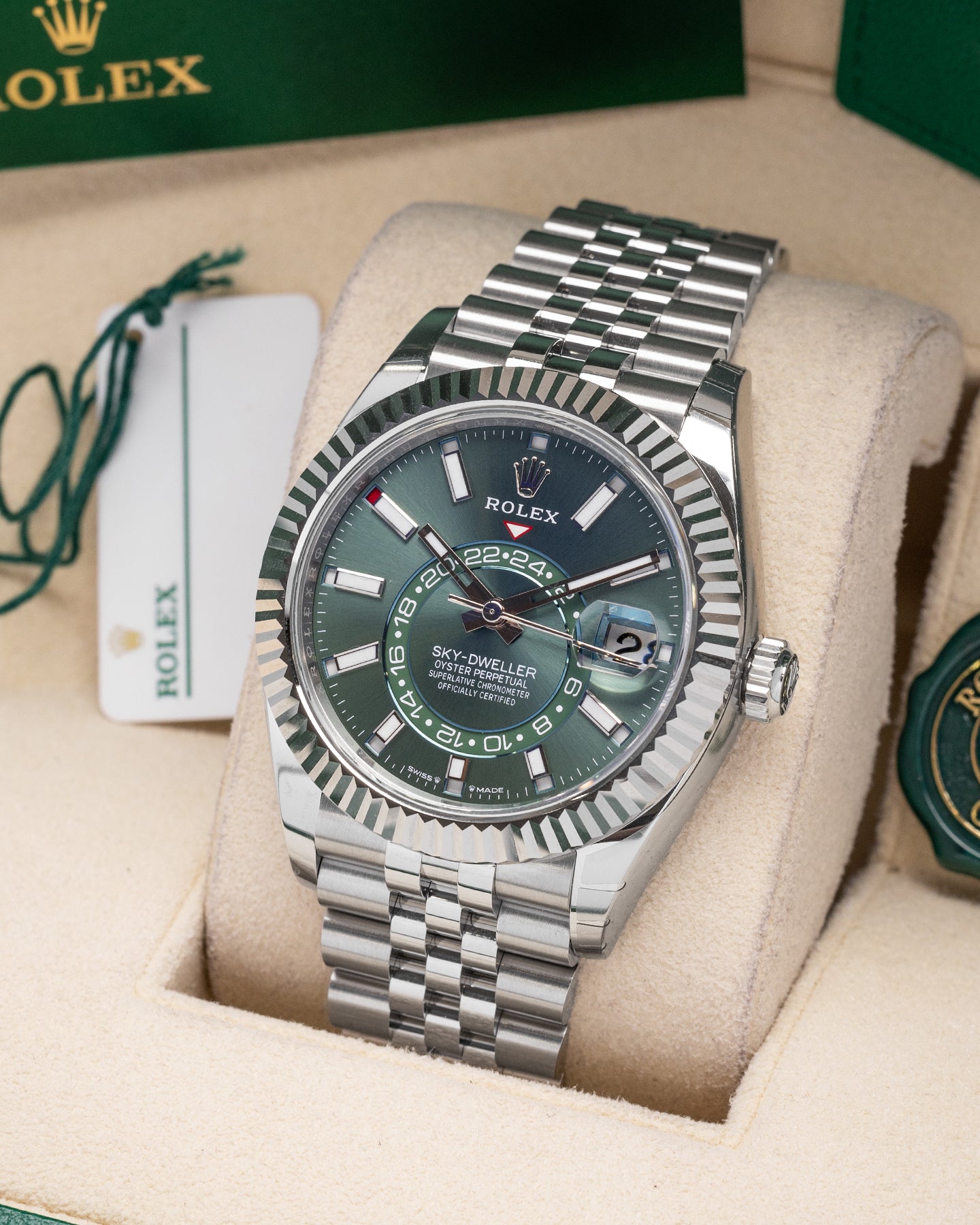 Steel Rolex Sky Dweller Green 336934 Watch at Marc Samuels Jewelers Dallas