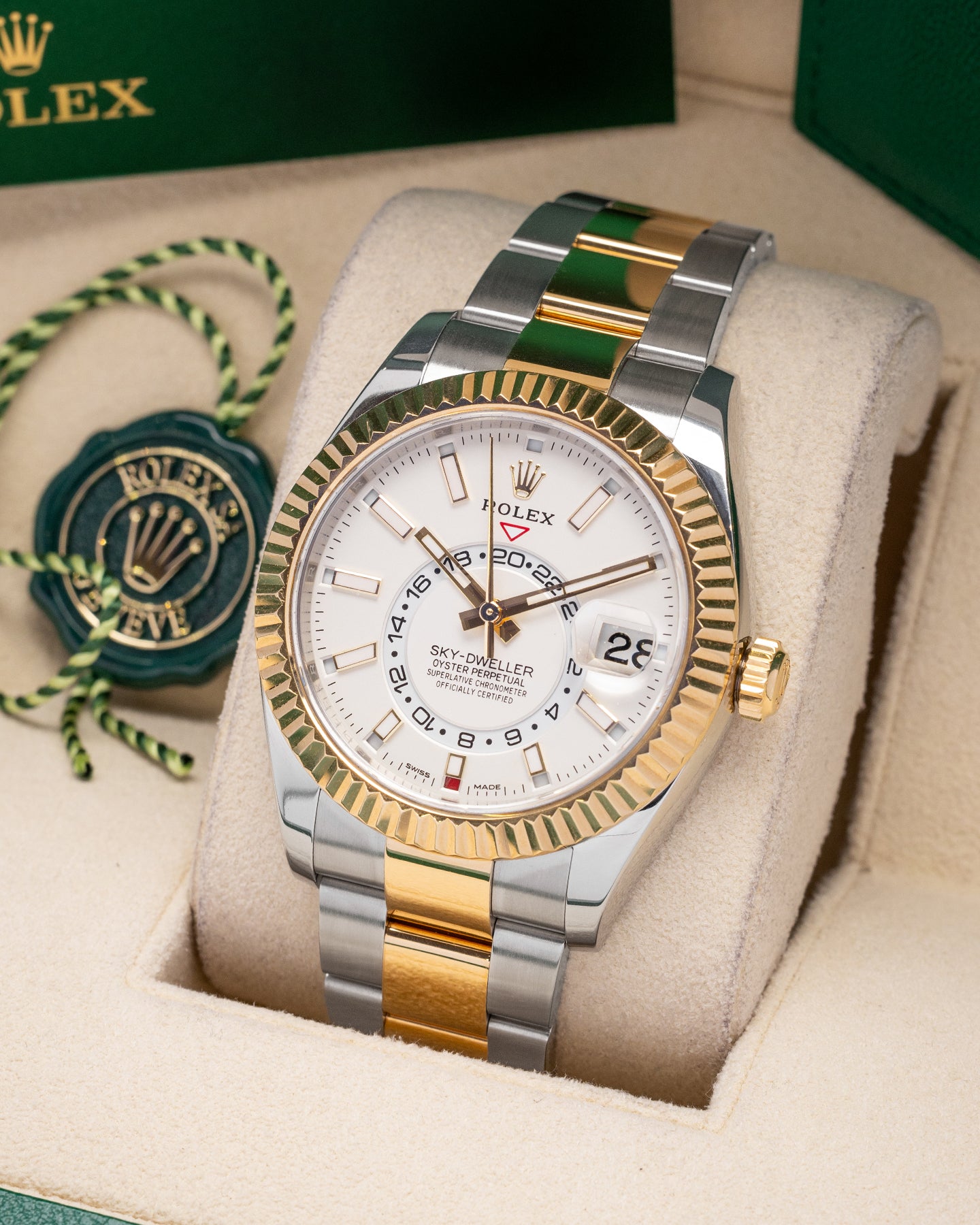 Two Tone Yellow Gold Rolex Sky Dweller 326933 White Dial Watch at Marc Samuels Jewelers Dallas