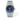 Tissot watch with blue face and silver band on a white background