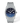Tissot watch with blue face and silver band on a white background