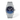 Tissot watch with blue face and silver band on a white background