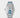 The reverse angle of the solid metal oyster-style watch band highlighting the brushed folding safety deployment buckle partially shielded in blue factory protective film